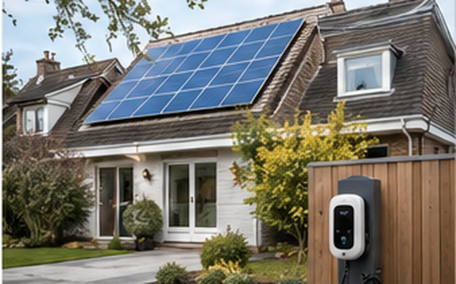 Energy-efficient home with solar panels and electric vehicle charging